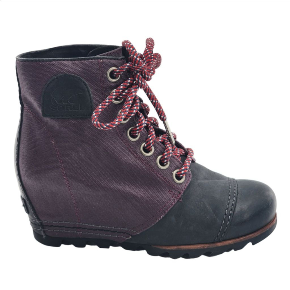 SOREL PDX Plum & Black Leather & Canvas Lace Up Wedge Boots US 7